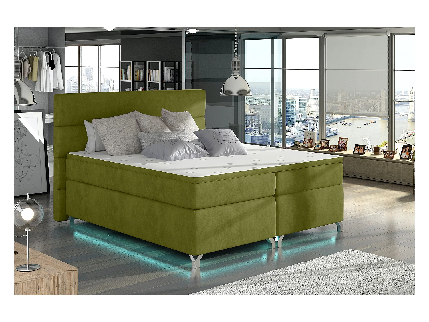 Lit boxspring 180x200 tissu doux vert anis Mador