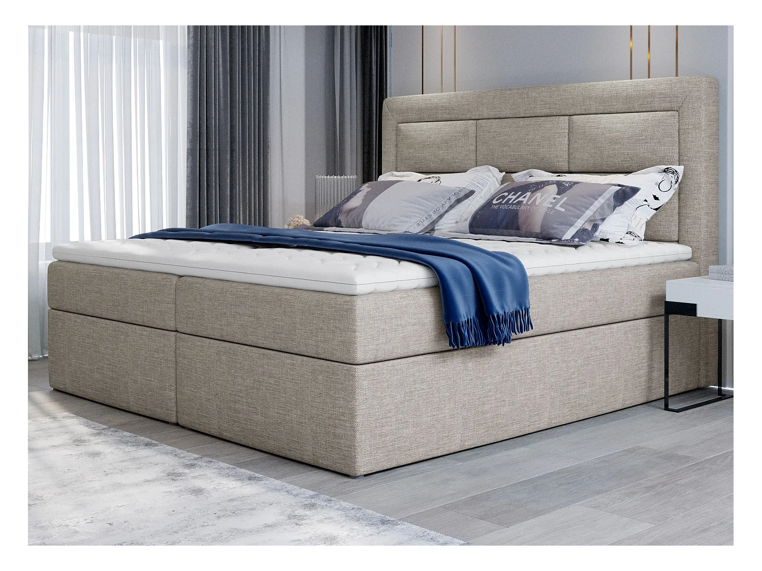 Lit continental tissu beige clair Balore-Couchage 160x200 cm