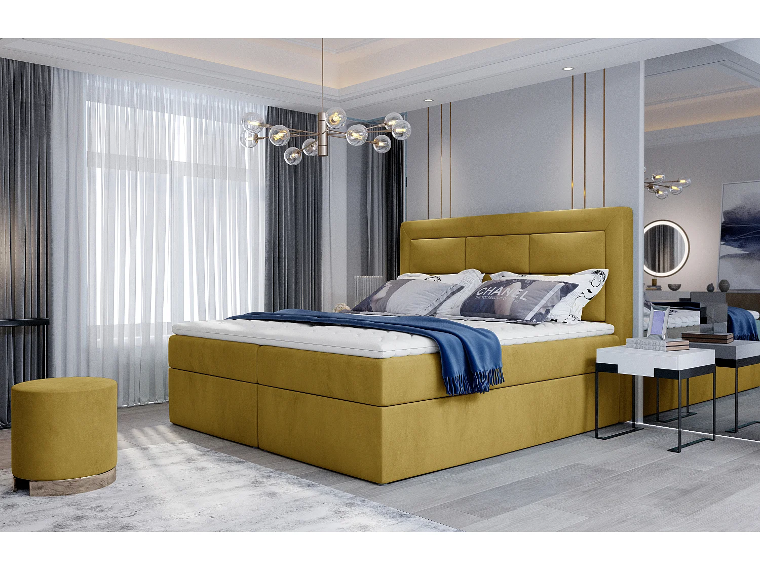 Lit continental velours jaune Balore-Couchage 160x200 cm