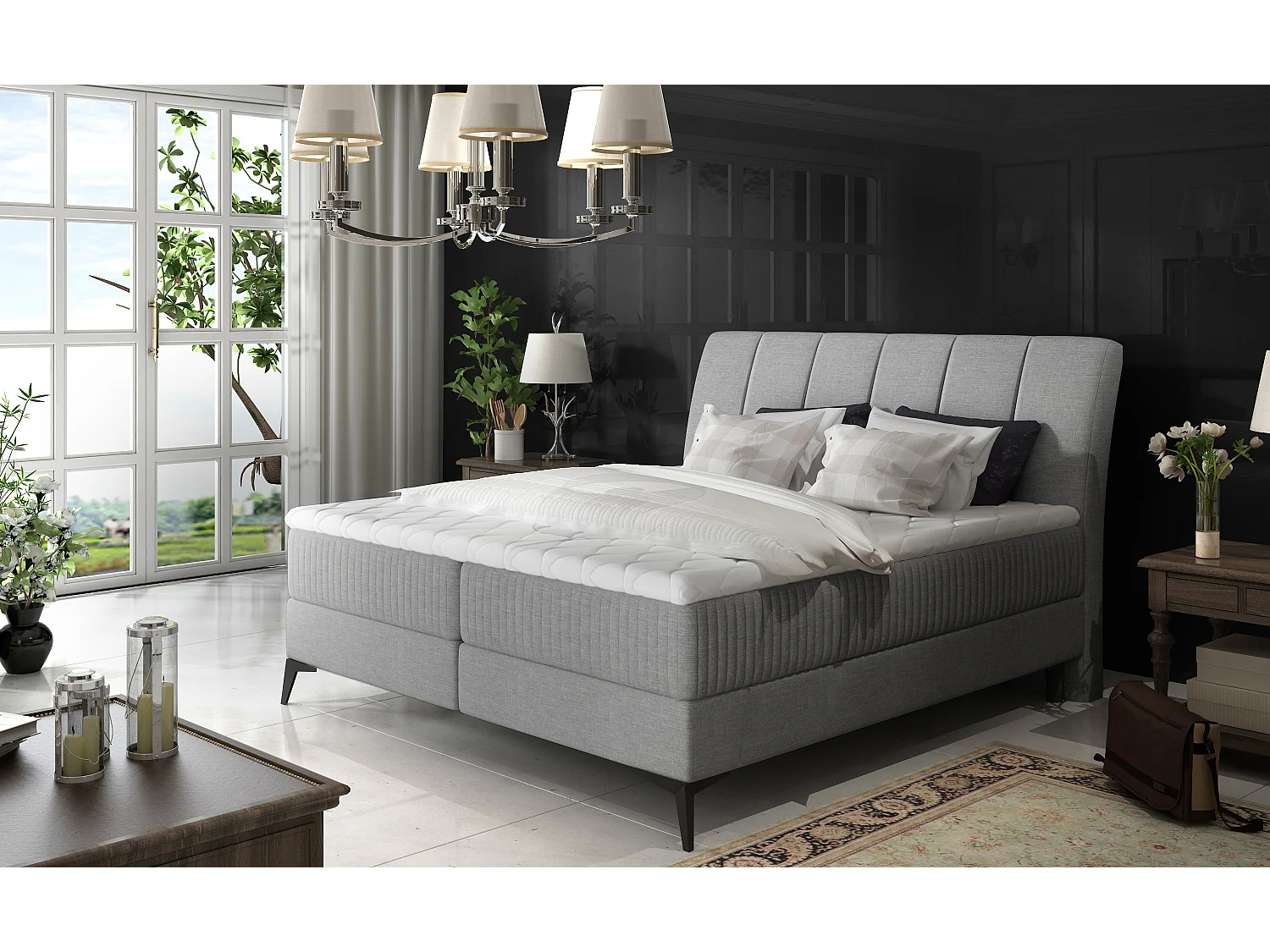 Lit continental moderne avec matelas tissu gris clair Brato-180x200