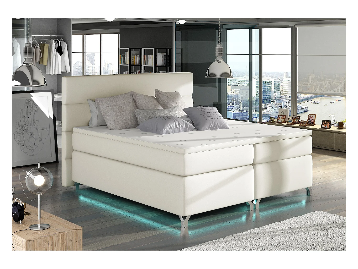 Lit boxspring 140x200 simili cuir crème Mador