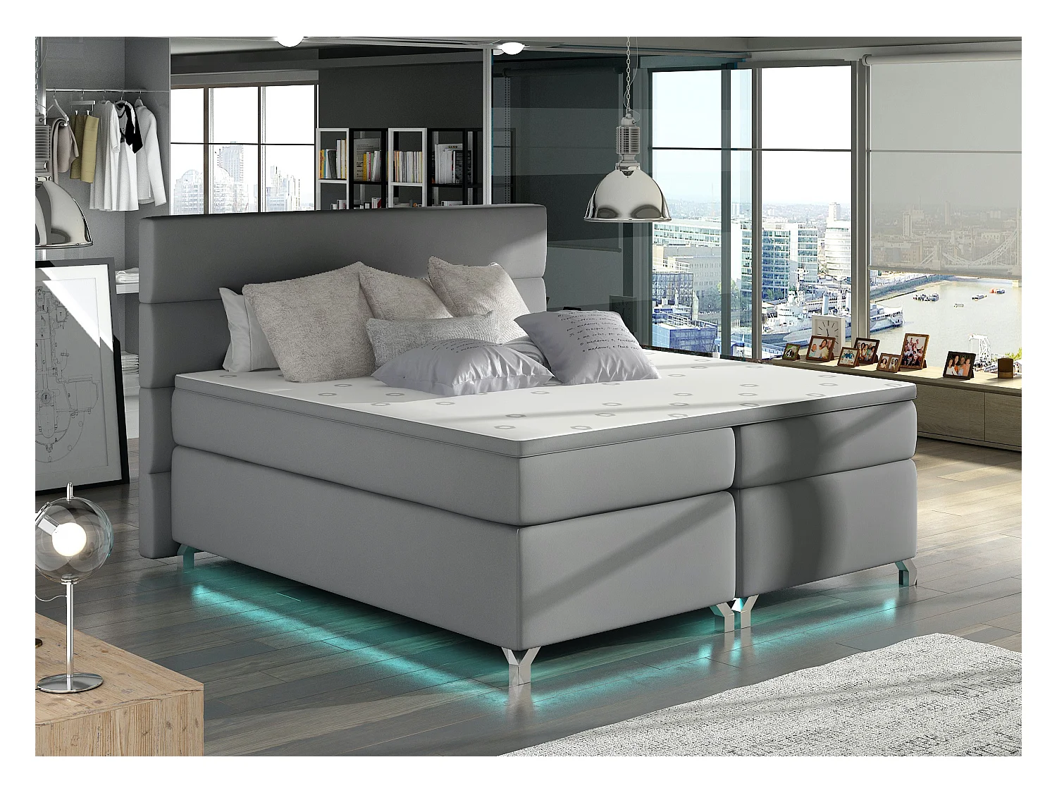 Lit boxspring 180x200 simili cuir gris clair Mador