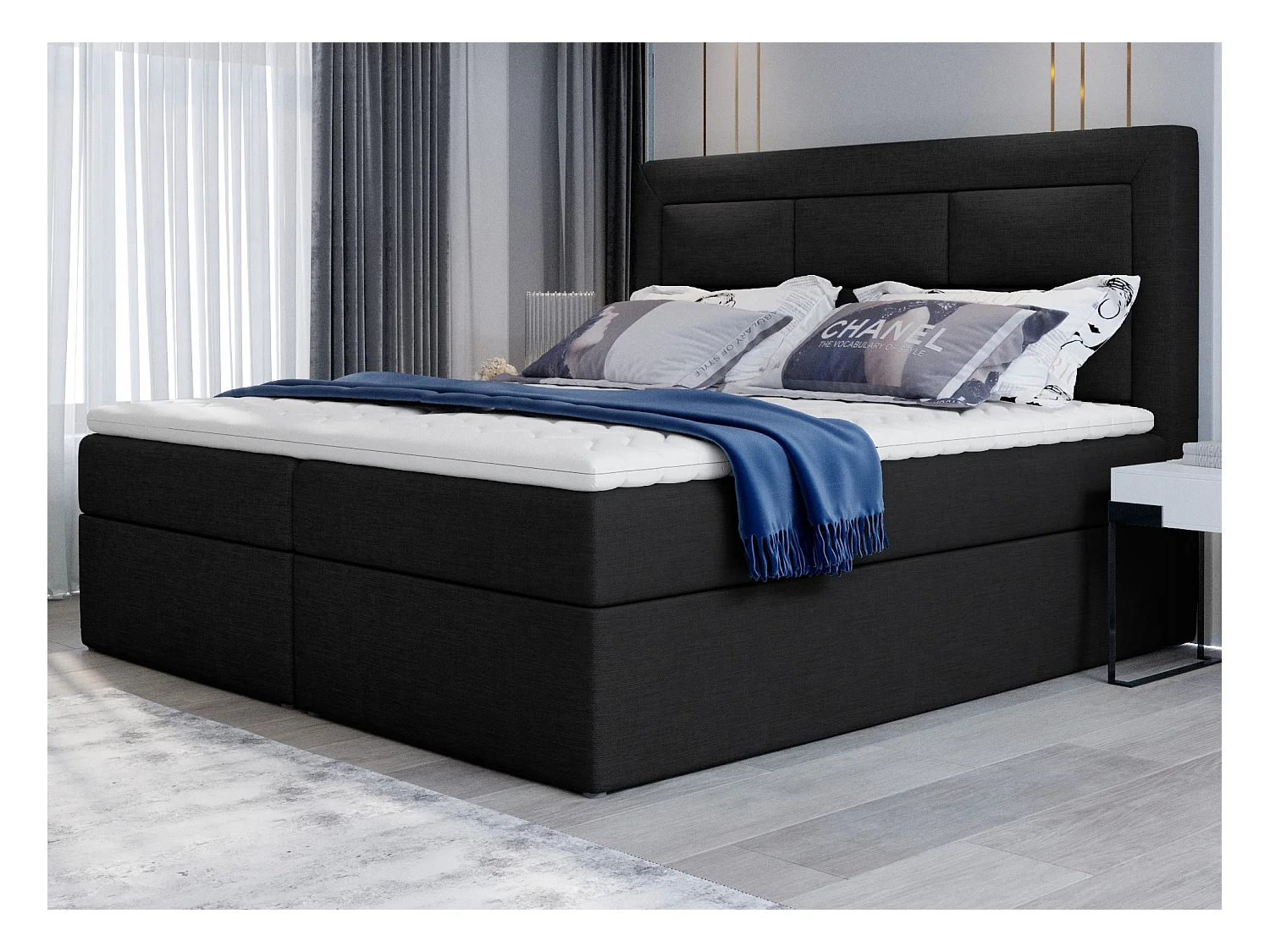 Lit continental tissu noir Balore-Couchage 160x200 cm