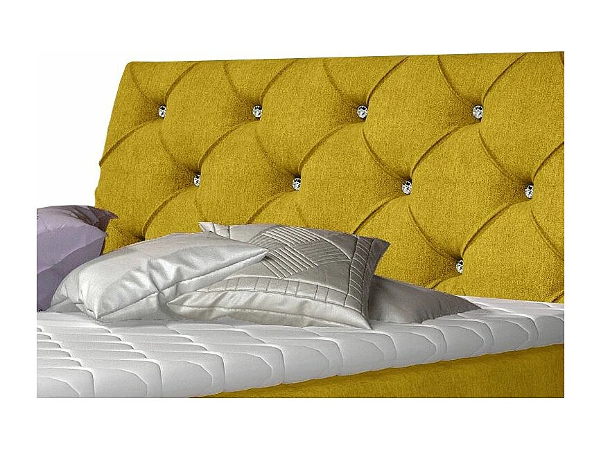 Lit design continental avec tête de lit capitonnée strass tissu jaune olive Banky-180x200