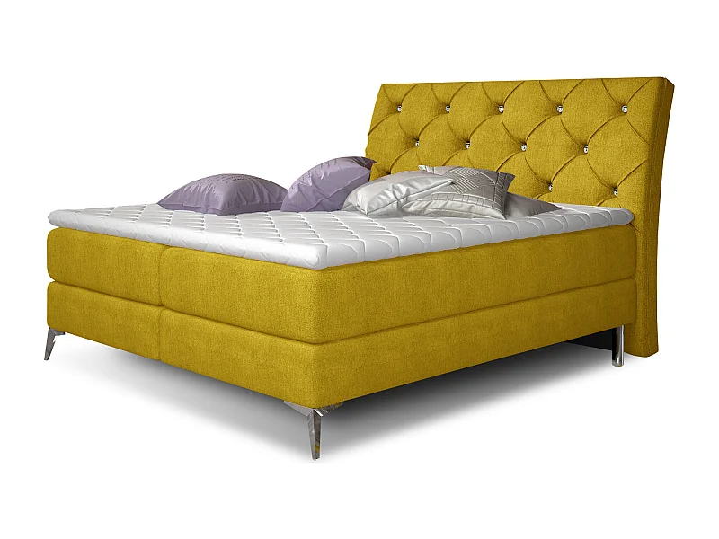 Lit design continental avec tête de lit capitonnée strass tissu jaune olive Banky-180x200