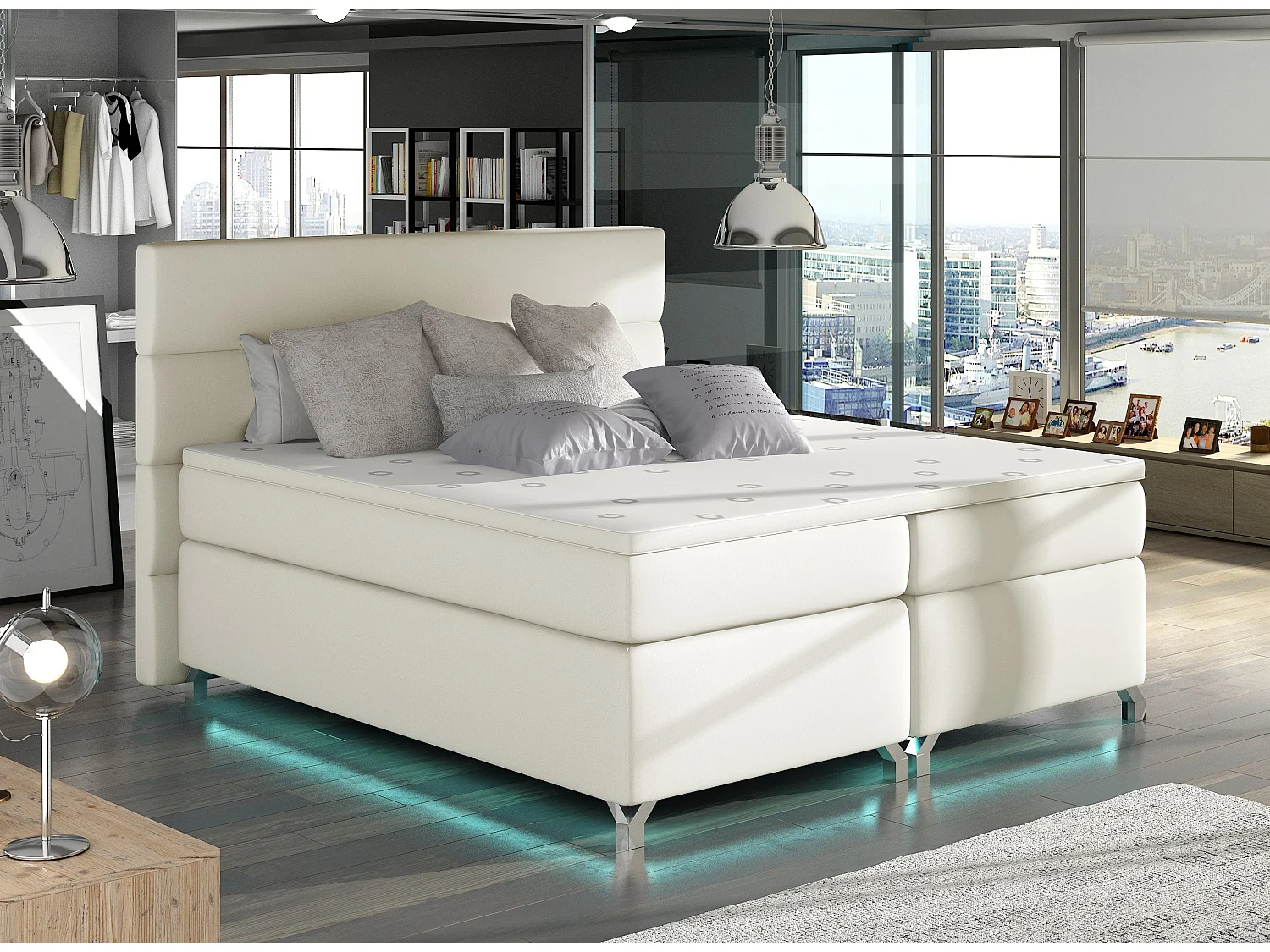 Lit boxspring 180x200 simili cuir crème Mador