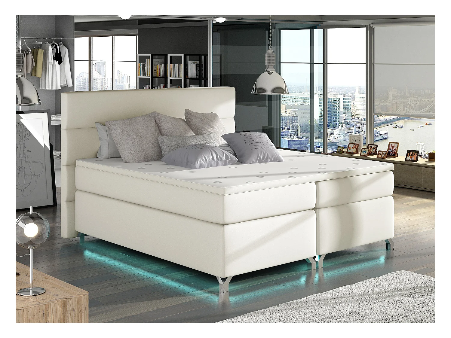 Lit boxspring 180x200 simili cuir crème Mador
