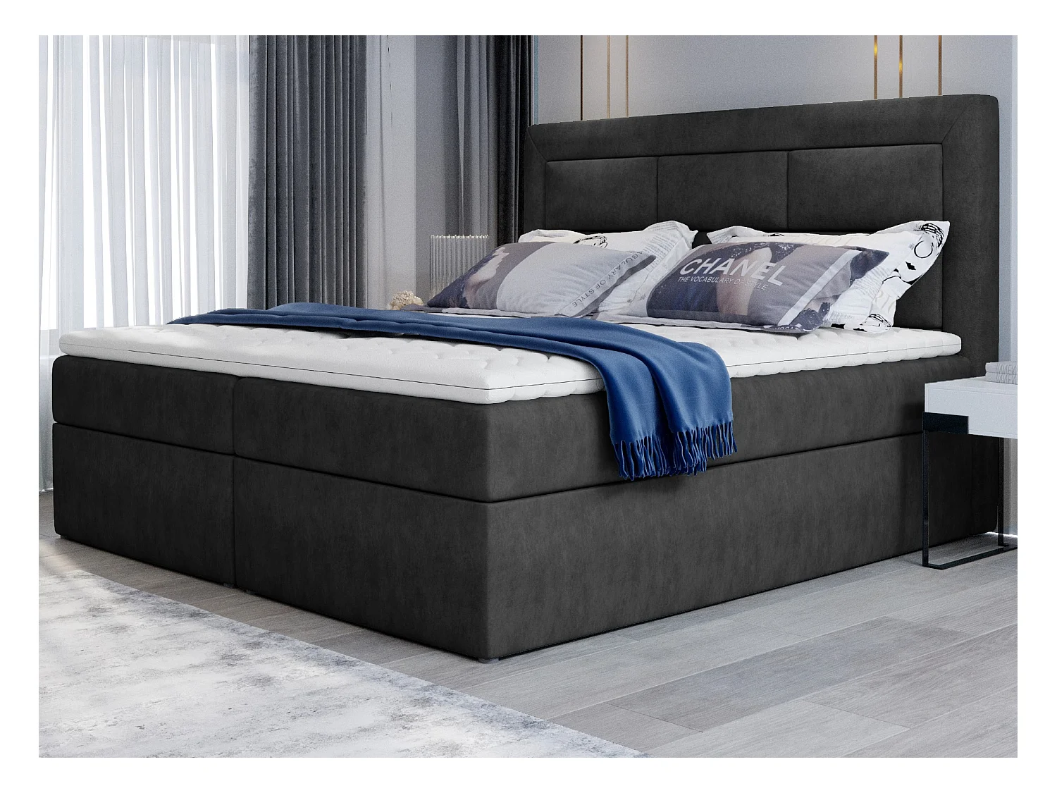 Lit continental tissu gris anthracite Balore-Couchage 140x200 cm