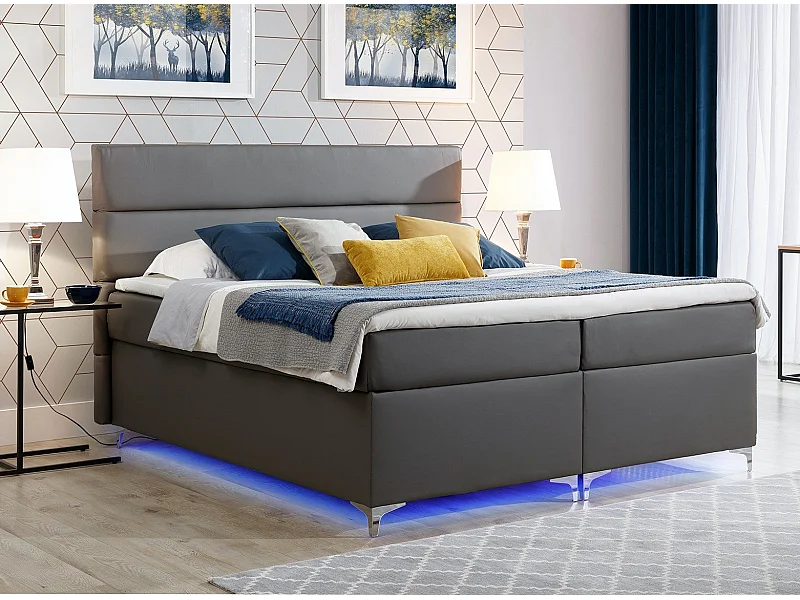 Lit boxspring 140x200 simili cuir gris foncé Mador