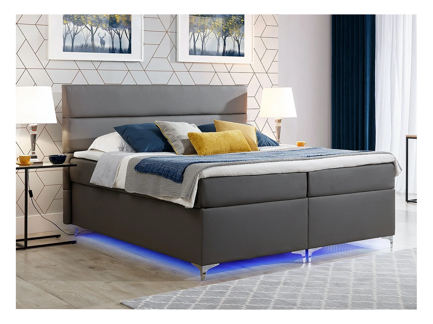 Lit boxspring 140x200 simili cuir gris foncé Mador