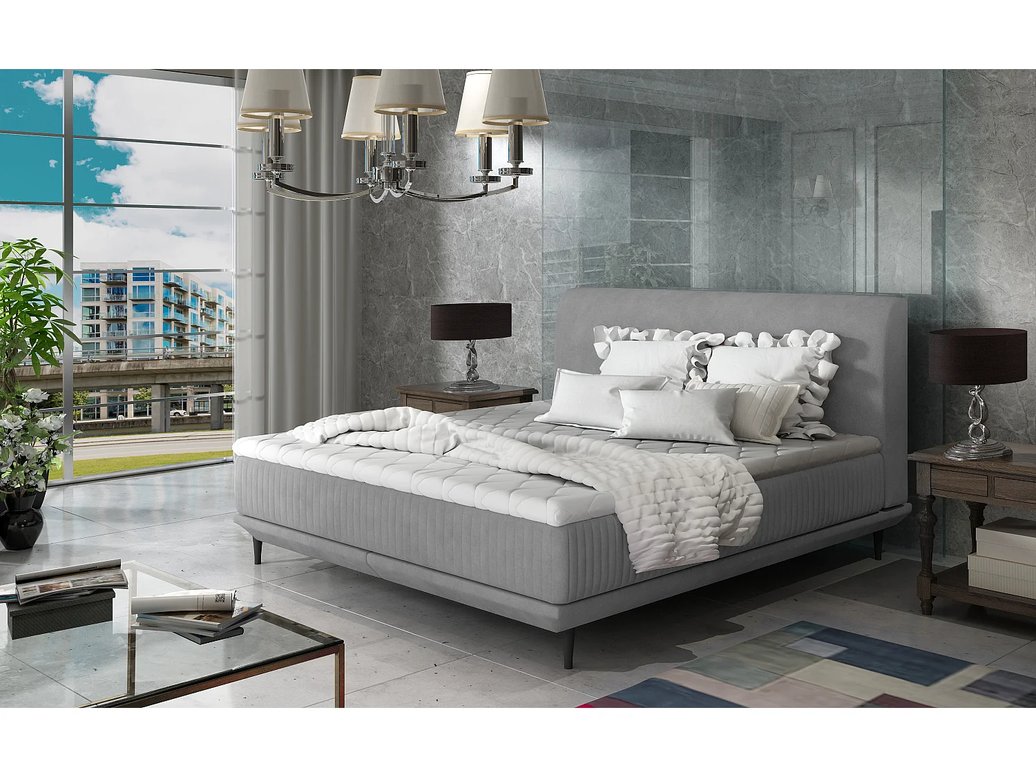 Lit boxspring 180x200 velours gris clair sommier et matelas inclus Mastera