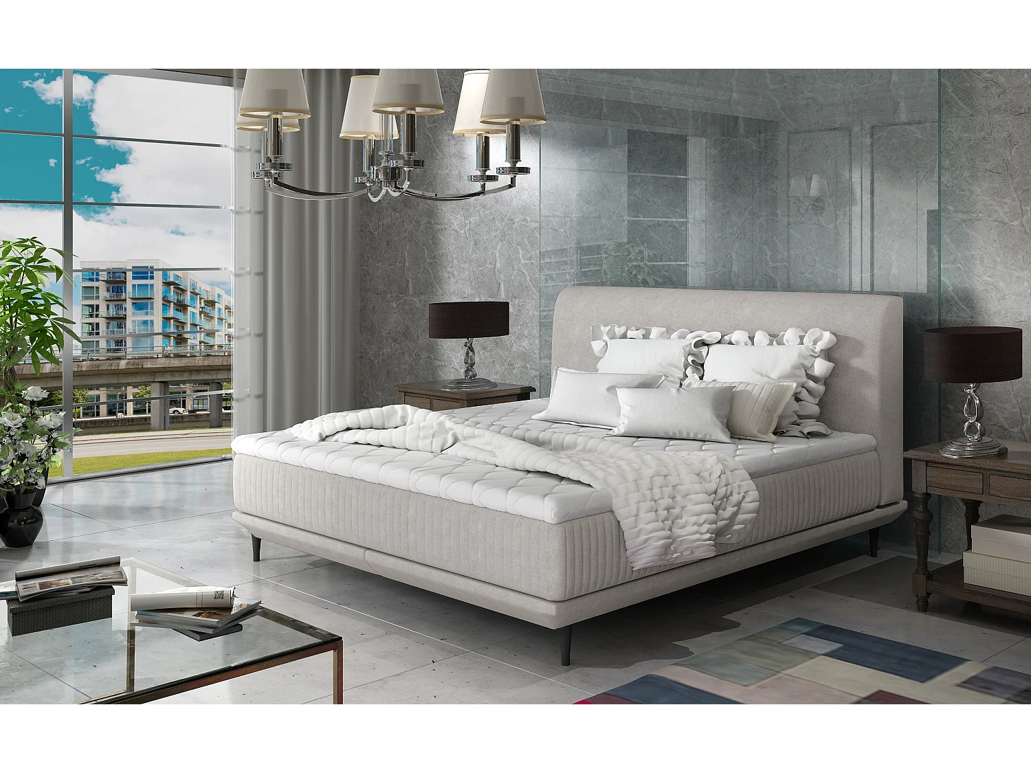 Lit boxspring 140x200 tissu beige clair sommier et matelas inclus Mastera