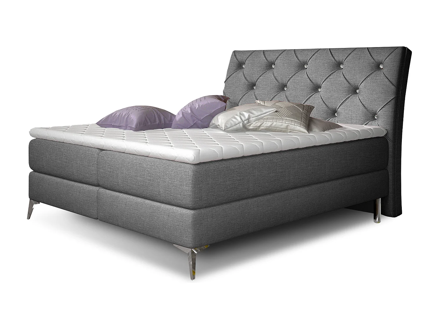 Lit design continental avec tête de lit capitonnée strass tissu gris Banky-180x200