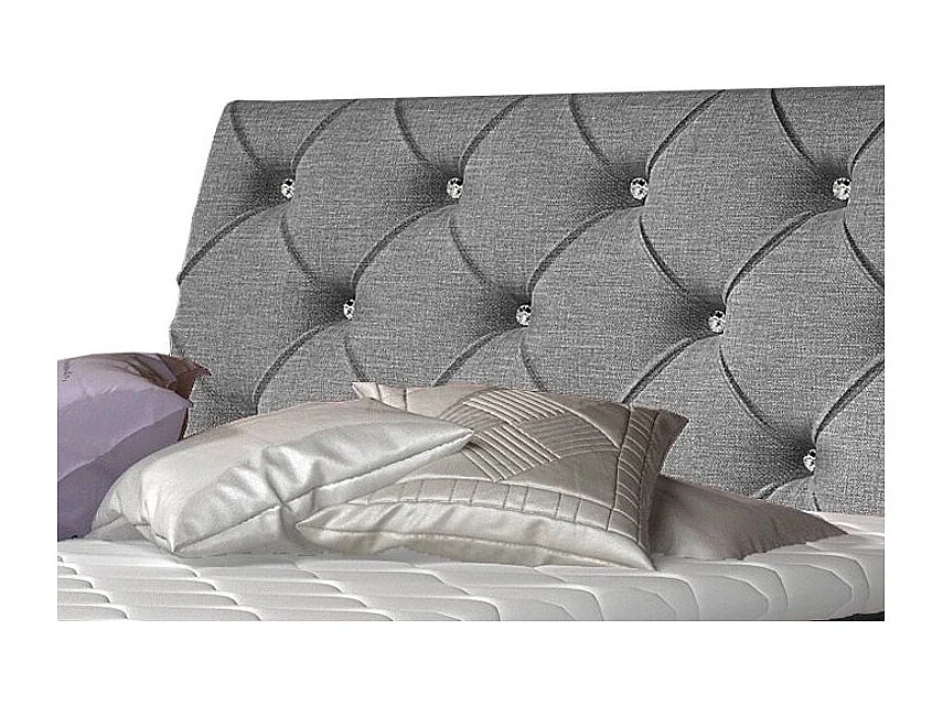 Lit design continental avec tête de lit capitonnée strass tissu gris Banky-180x200