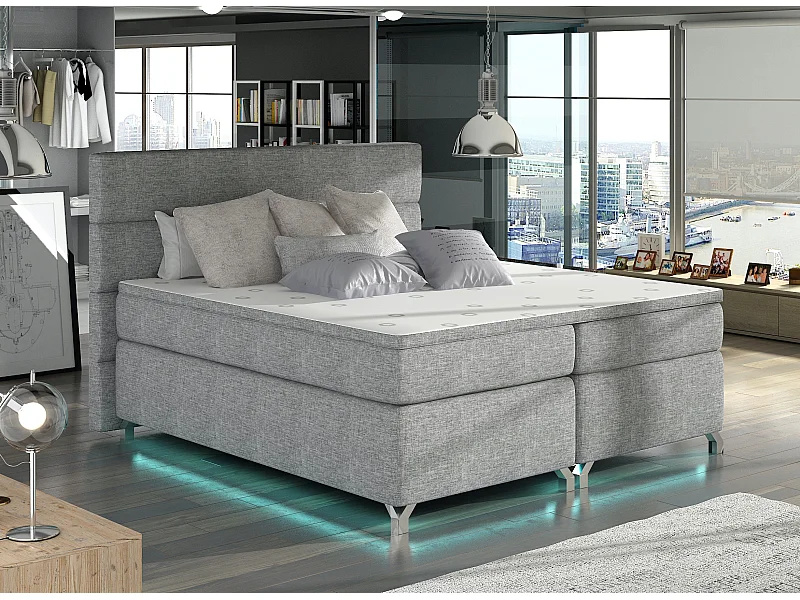 Lit boxspring 180x200 tissu gris clair Mador