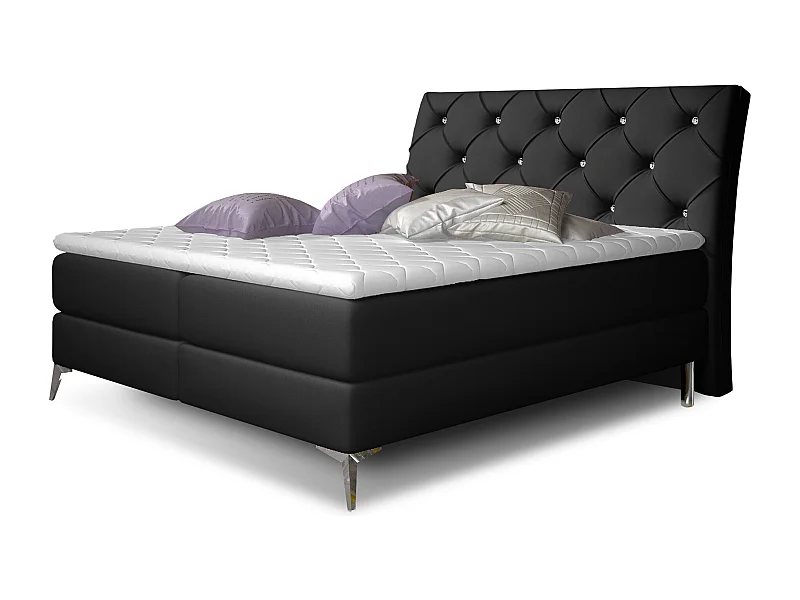 Lit design continental avec tête de lit capitonnée strass simili cuir noir Banky-140x200