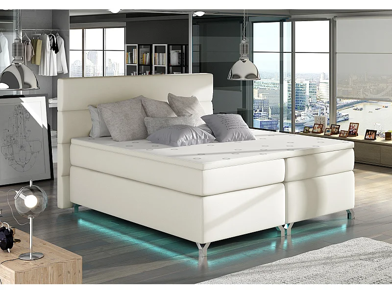 Lit boxspring 160x200 simili cuir crème Mador