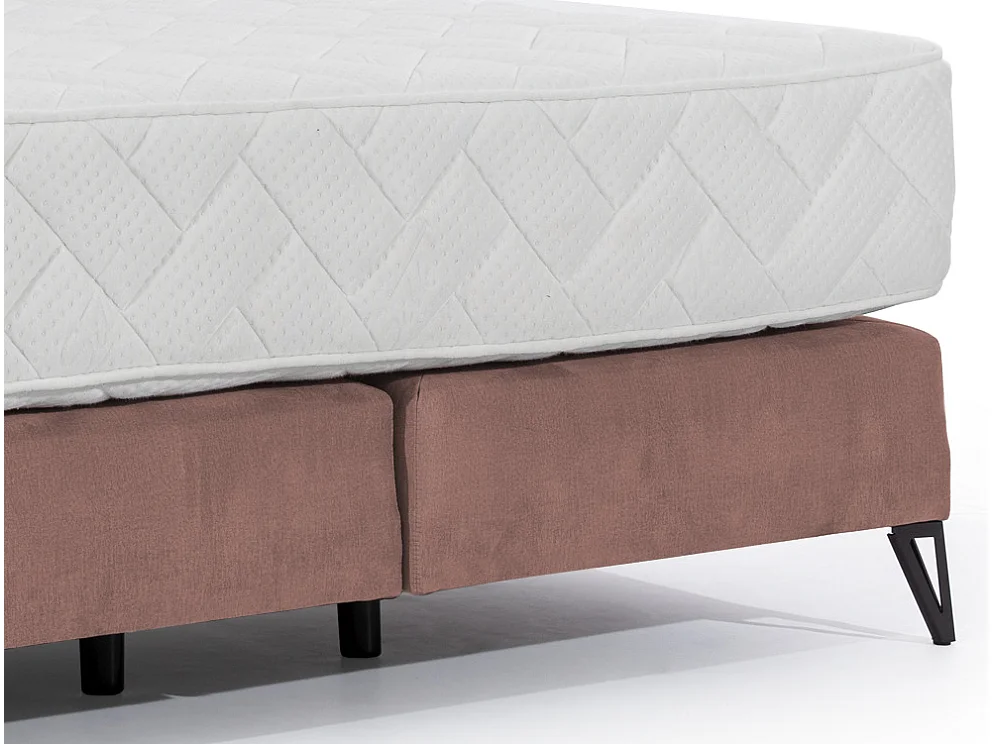 Lit continental tissu rose Tiempo avec matelas 30cm en latex et pied métal noir-180x200