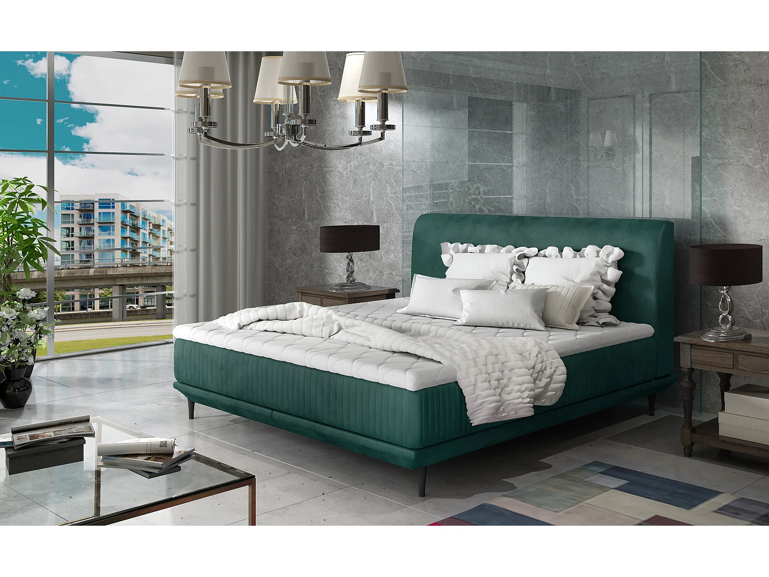 Lit boxspring 160x200 velours vert sommier et matelas inclus Mastera