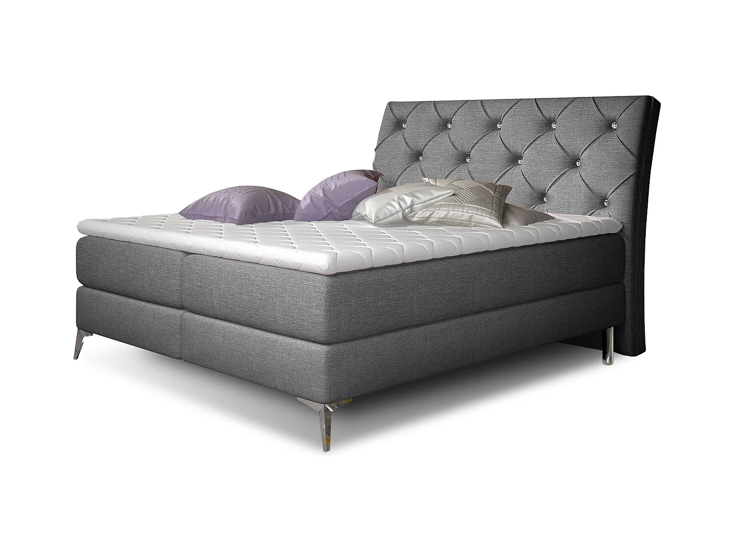 Lit design continental avec tête de lit capitonnée strass tissu gris Banky-160x200