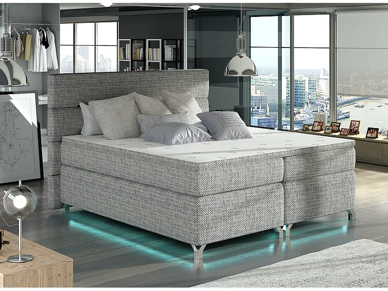 Lit boxspring 180x200 tissu gris clair chiné Mador