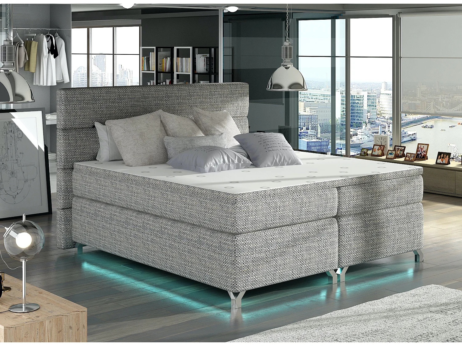Lit boxspring 180x200 tissu gris clair chiné Mador