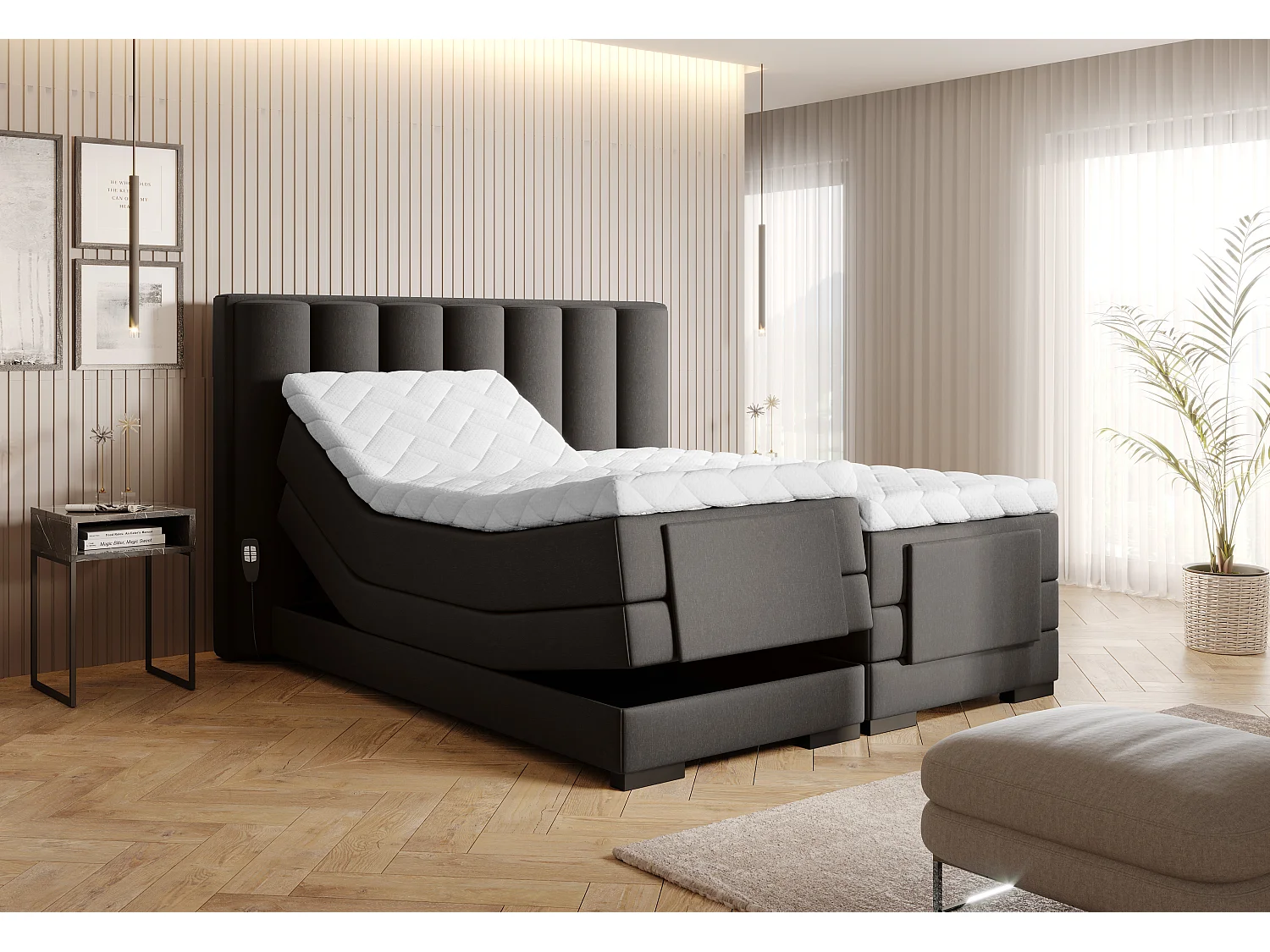 Bruin stoffen elektrisch boxspringbed met Arkos matras en bovenmatras-Slapen 160x200cm