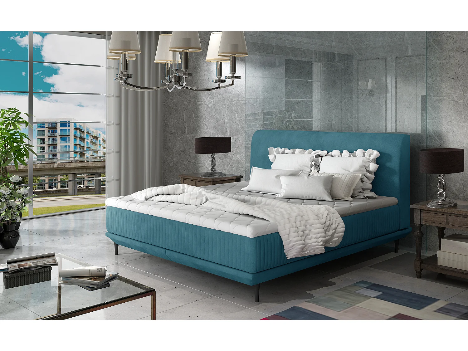 Lit boxspring 160x200 velours bleu canard sommier et matelas inclus Mastera