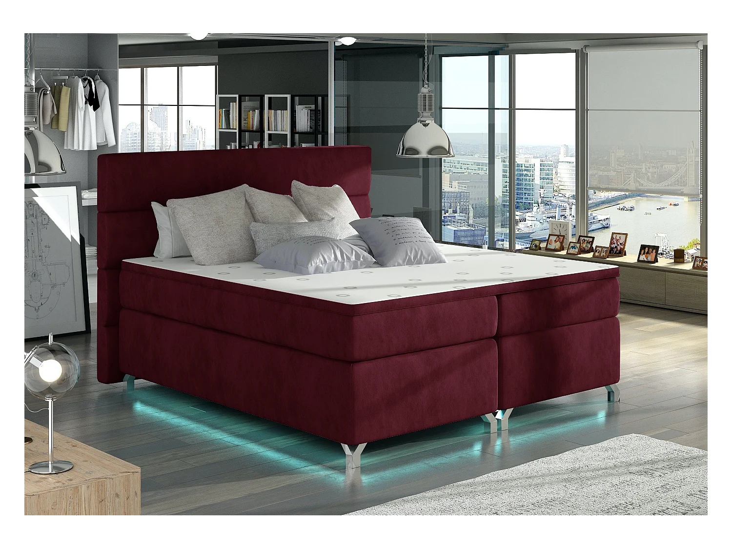Lit boxspring 180x200 tissu bordeaux Mador