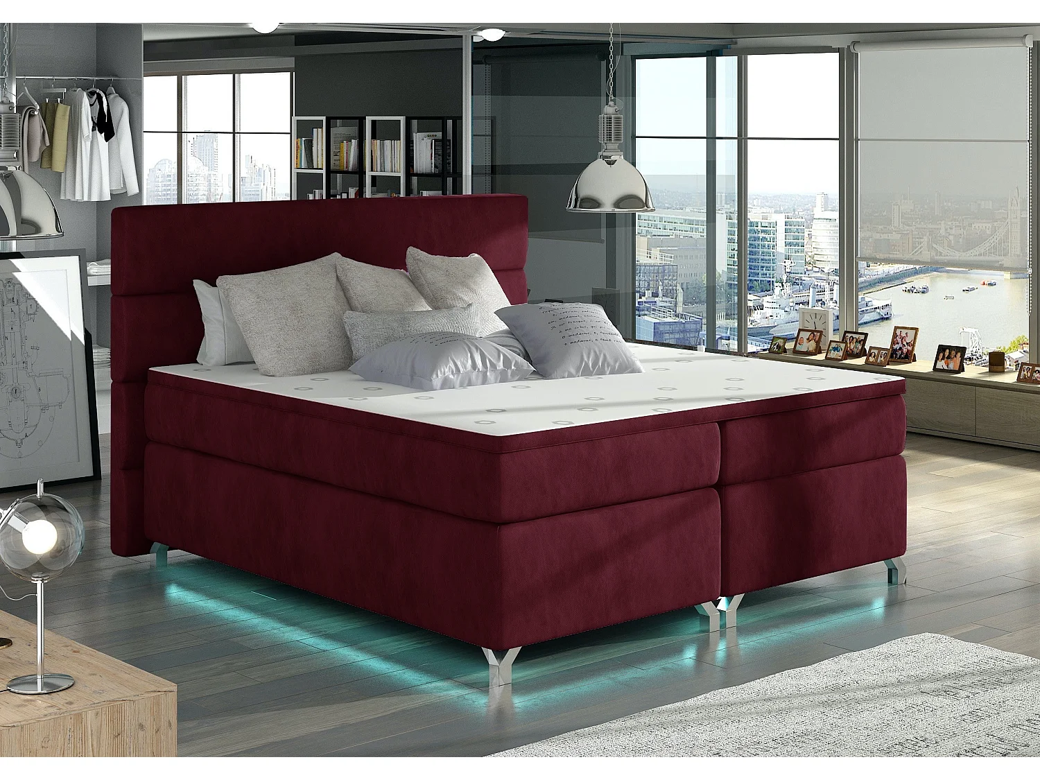 Lit boxspring 180x200 tissu bordeaux Mador