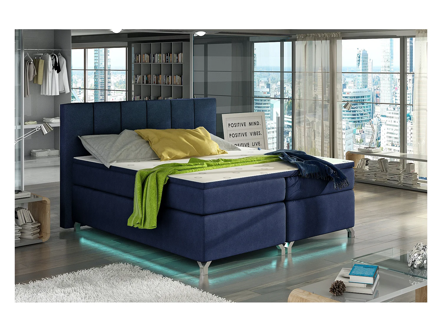 Lit boxspring 160x200 tissu bleu marine Balfor