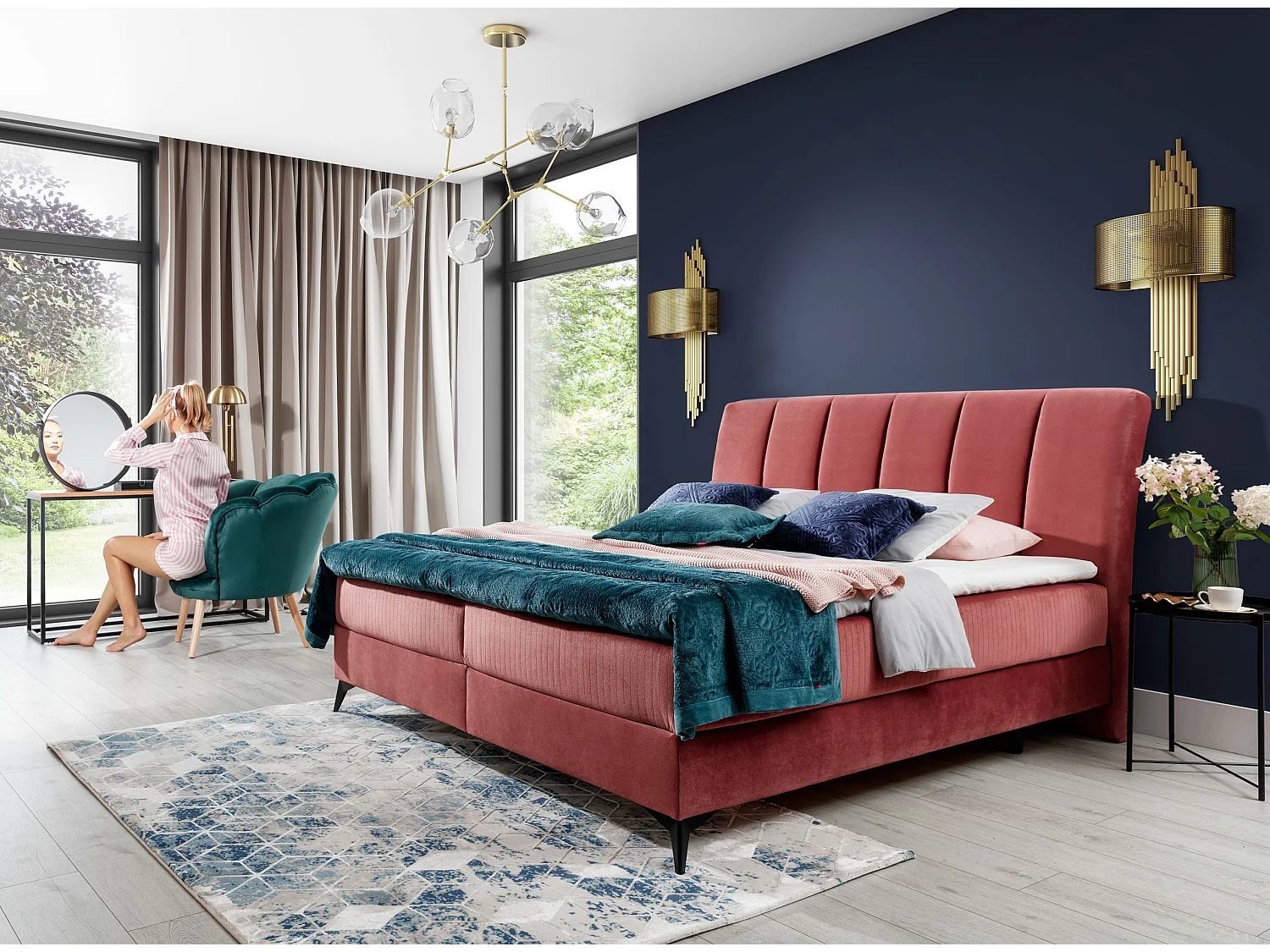 Lit continental moderne avec matelas velours abricot Brato-180x200