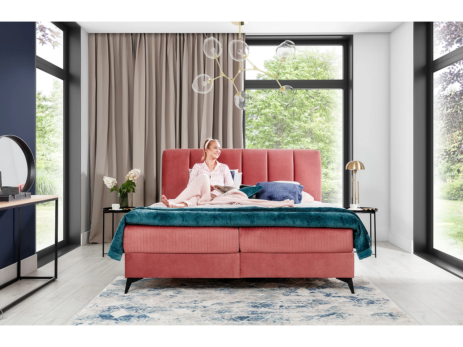 Lit continental moderne avec matelas velours abricot Brato-180x200