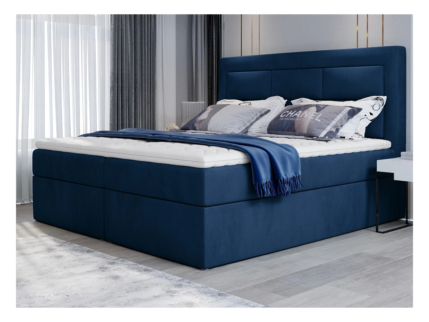 Lit continental velours bleu pétrole Balore-Couchage 140x200 cm