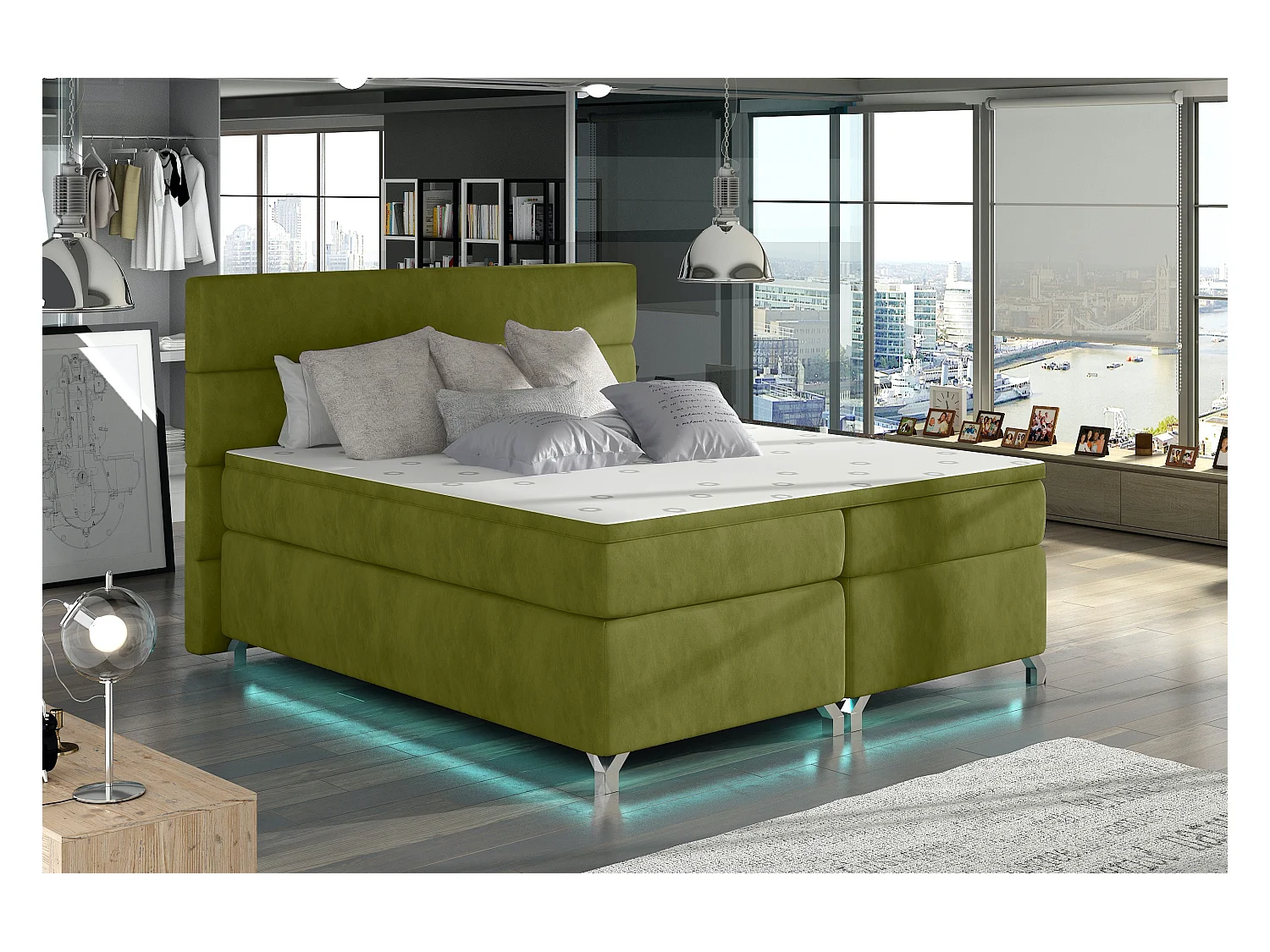 Lit boxspring 140x200 tissu doux vert anis Mador