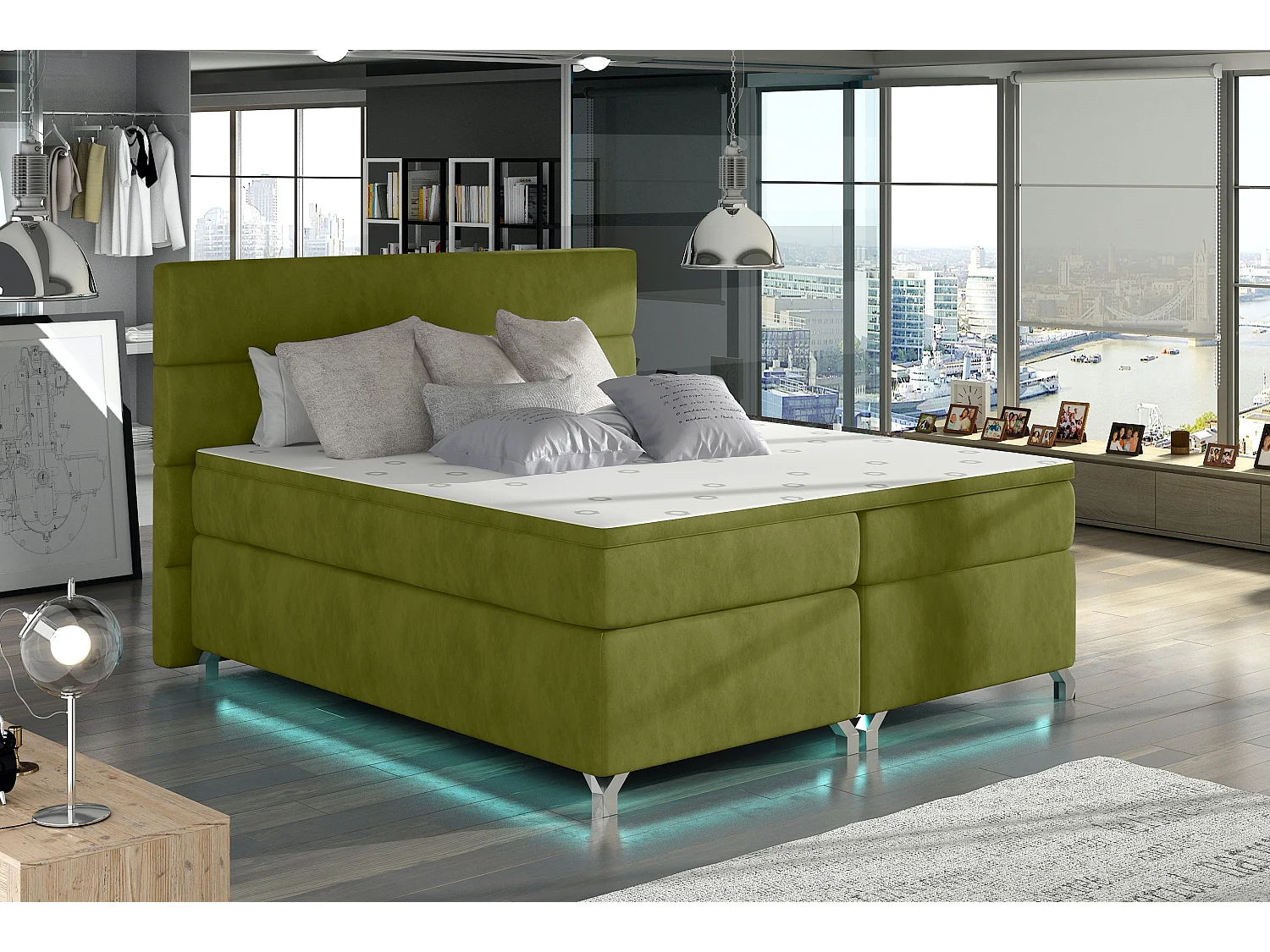 Lit boxspring 140x200 tissu doux vert anis Mador