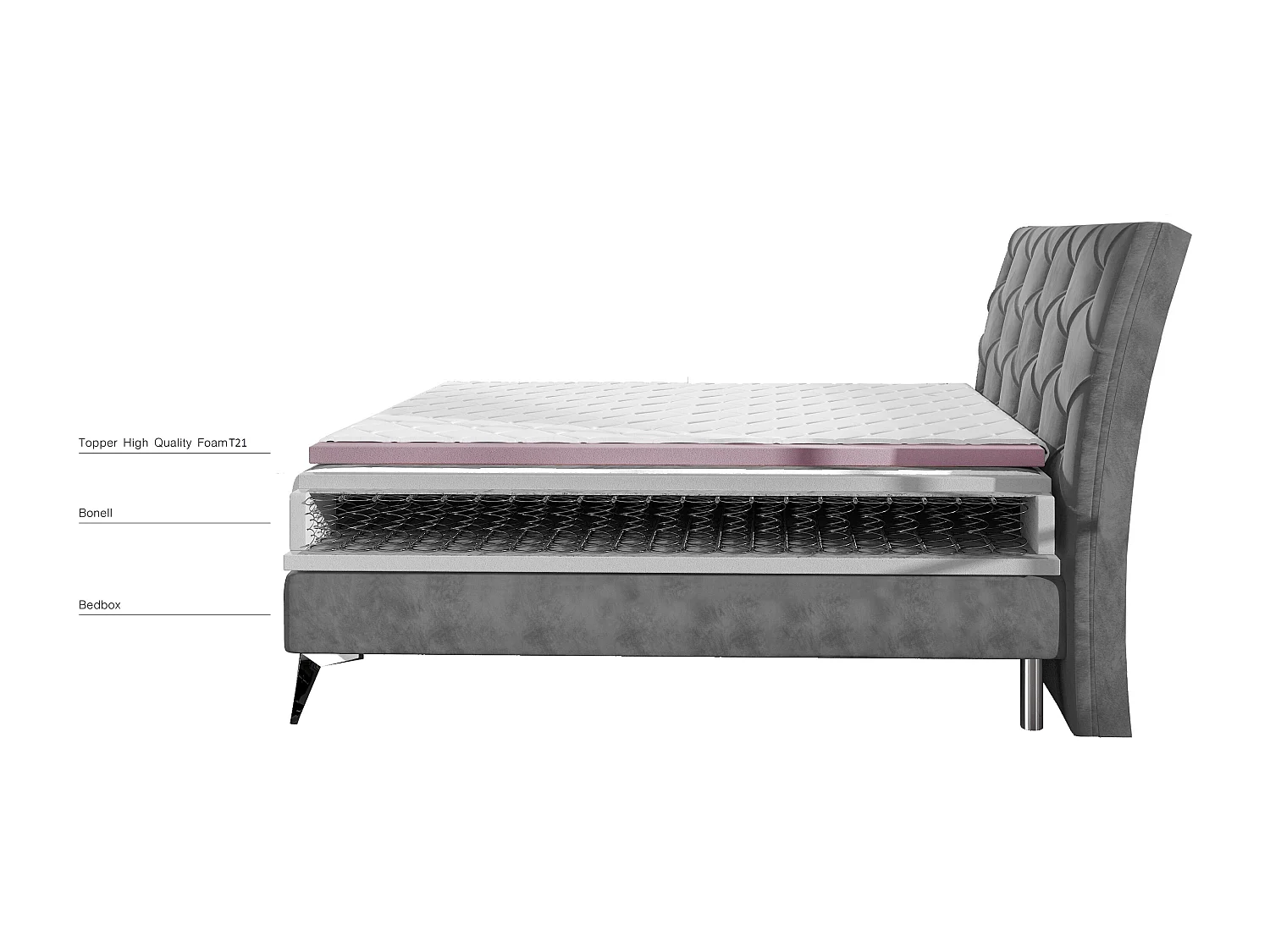 Lit design continental avec tête de lit capitonnée strass tissu gris Banky-140x200