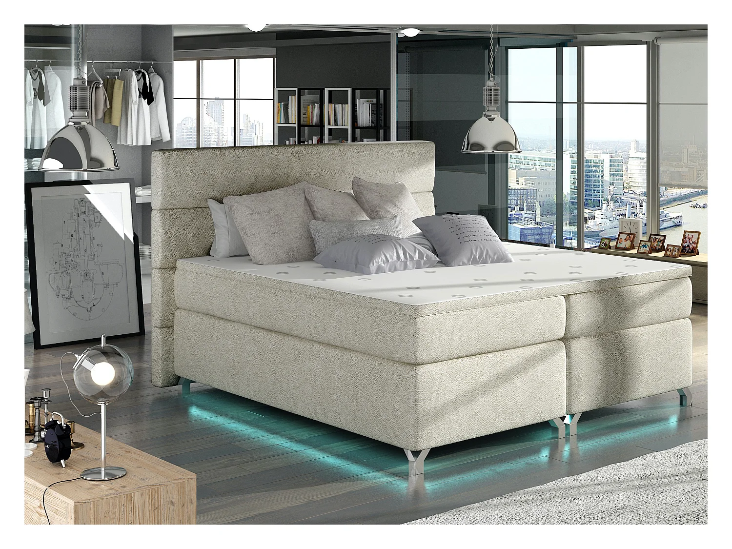 Lit boxspring 160x200 tissu crème Mador