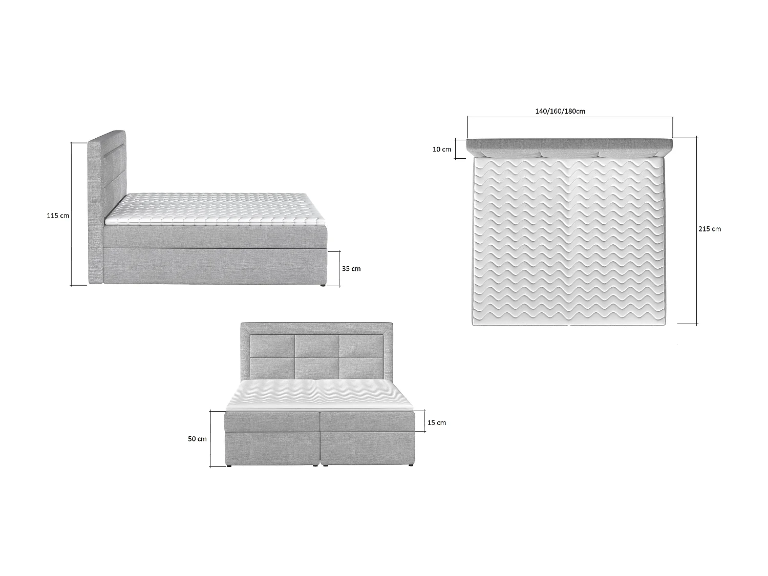 Lit continental tissu gris foncé Balore-Couchage 140x200 cm