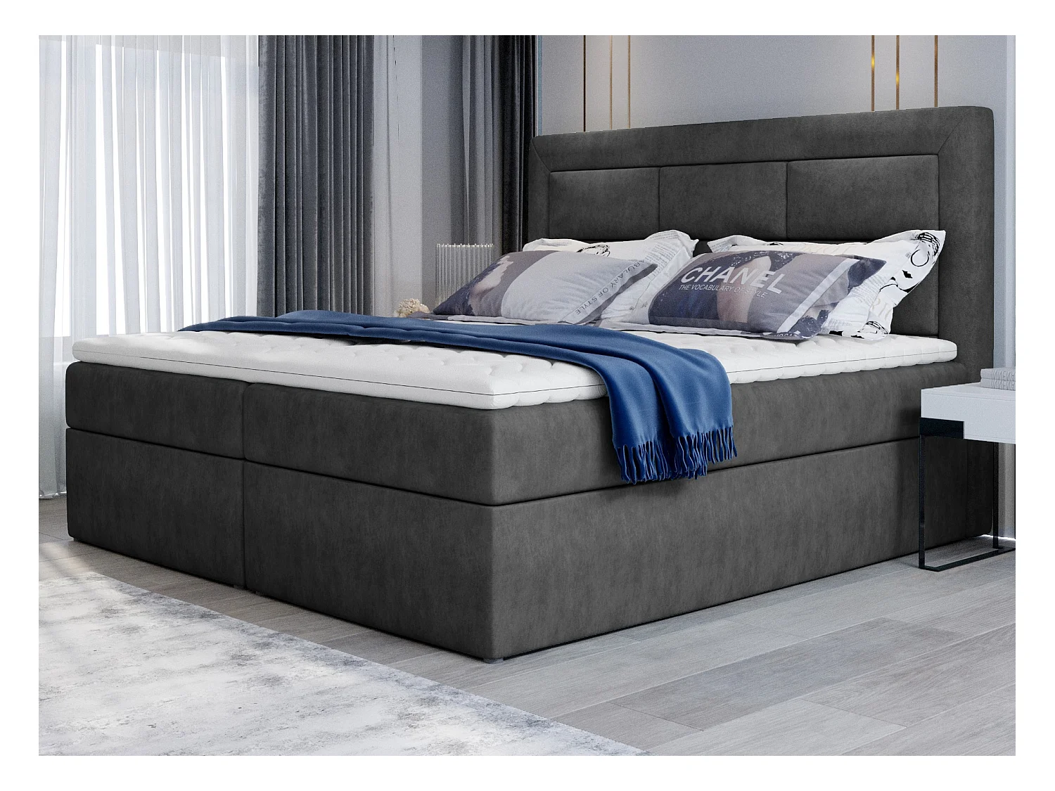 Lit continental tissu gris foncé Balore-Couchage 140x200 cm
