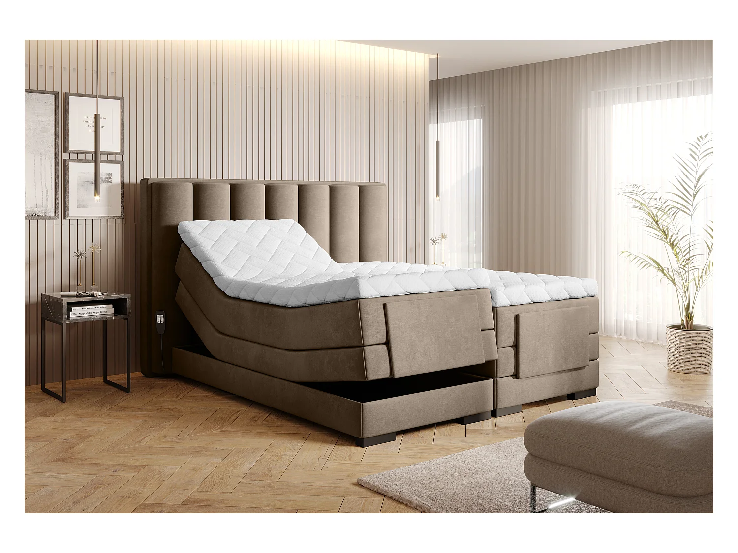 Lit boxspring électrique tissu beige avec matelas et surmatelas Arkos-140x200