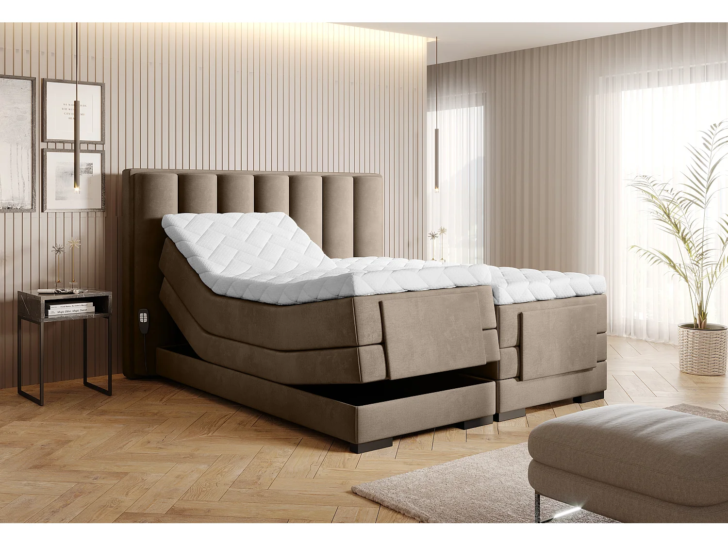 Lit boxspring électrique tissu beige avec matelas et surmatelas Arkos-140x200