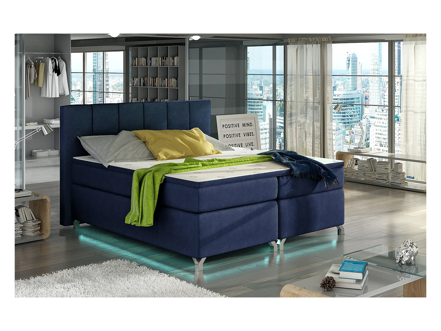 Lit boxspring 140x200 tissu bleu marine Balfor