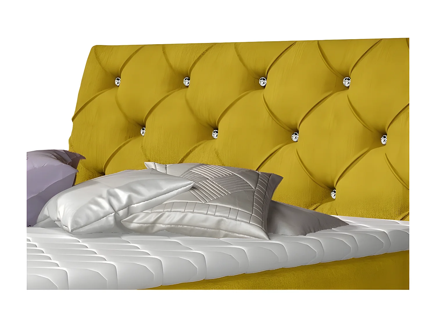 Lit design continental avec tête de lit capitonnée strass tissu jaune olive Banky-160x200