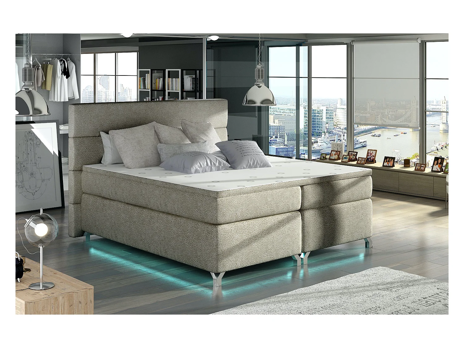 Lit boxspring 160x200 tissu beige Mador