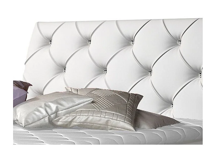 Lit design continental avec tête de lit capitonnée strass simili cuir blanc Banky-160x200