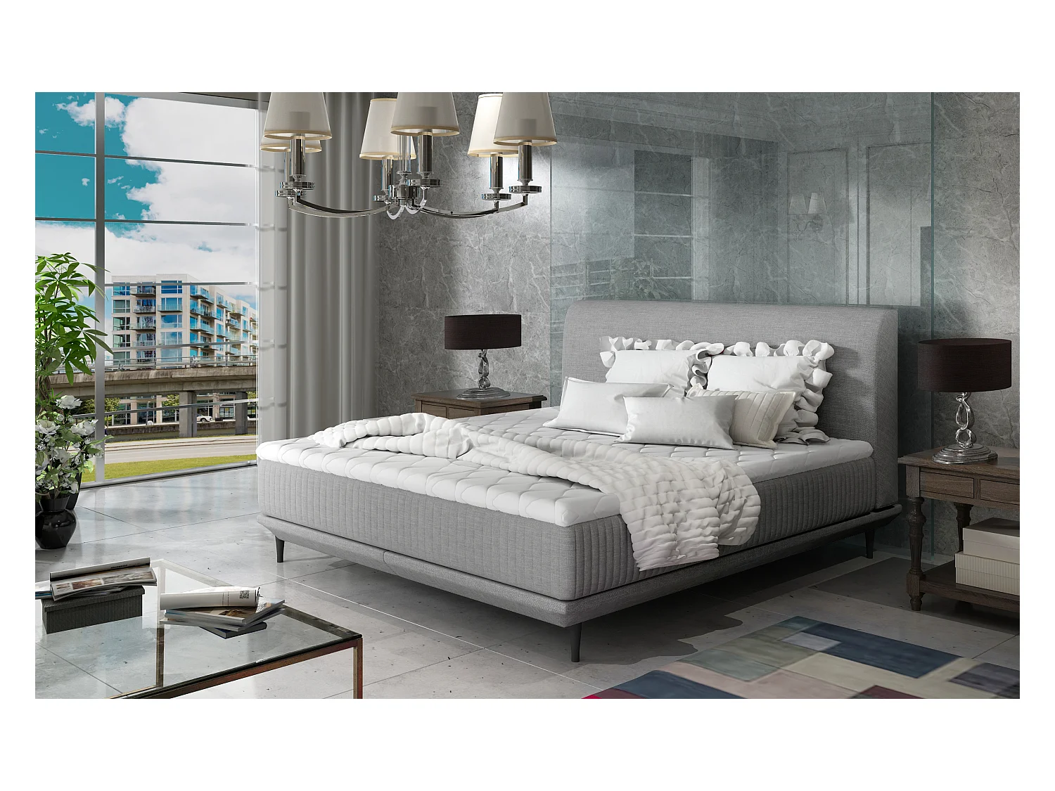 Lit boxspring 160x200 tissu gris sommier et matelas inclus Mastera