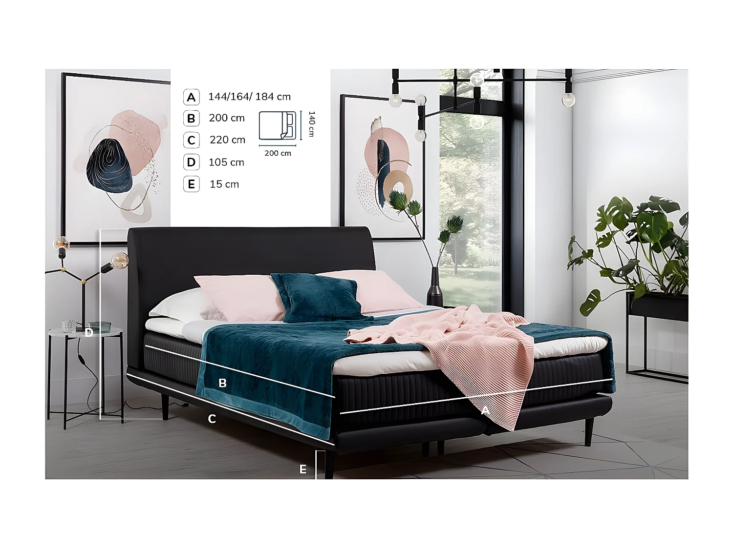 Lit boxspring 160x200 tissu gris sommier et matelas inclus Mastera