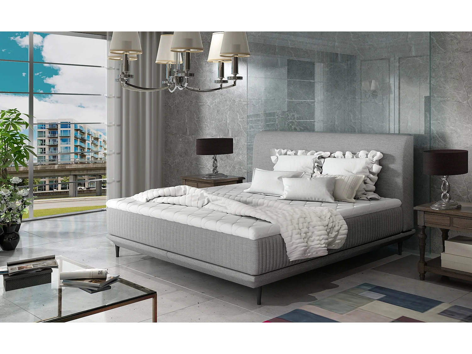 Lit boxspring 160x200 tissu gris sommier et matelas inclus Mastera