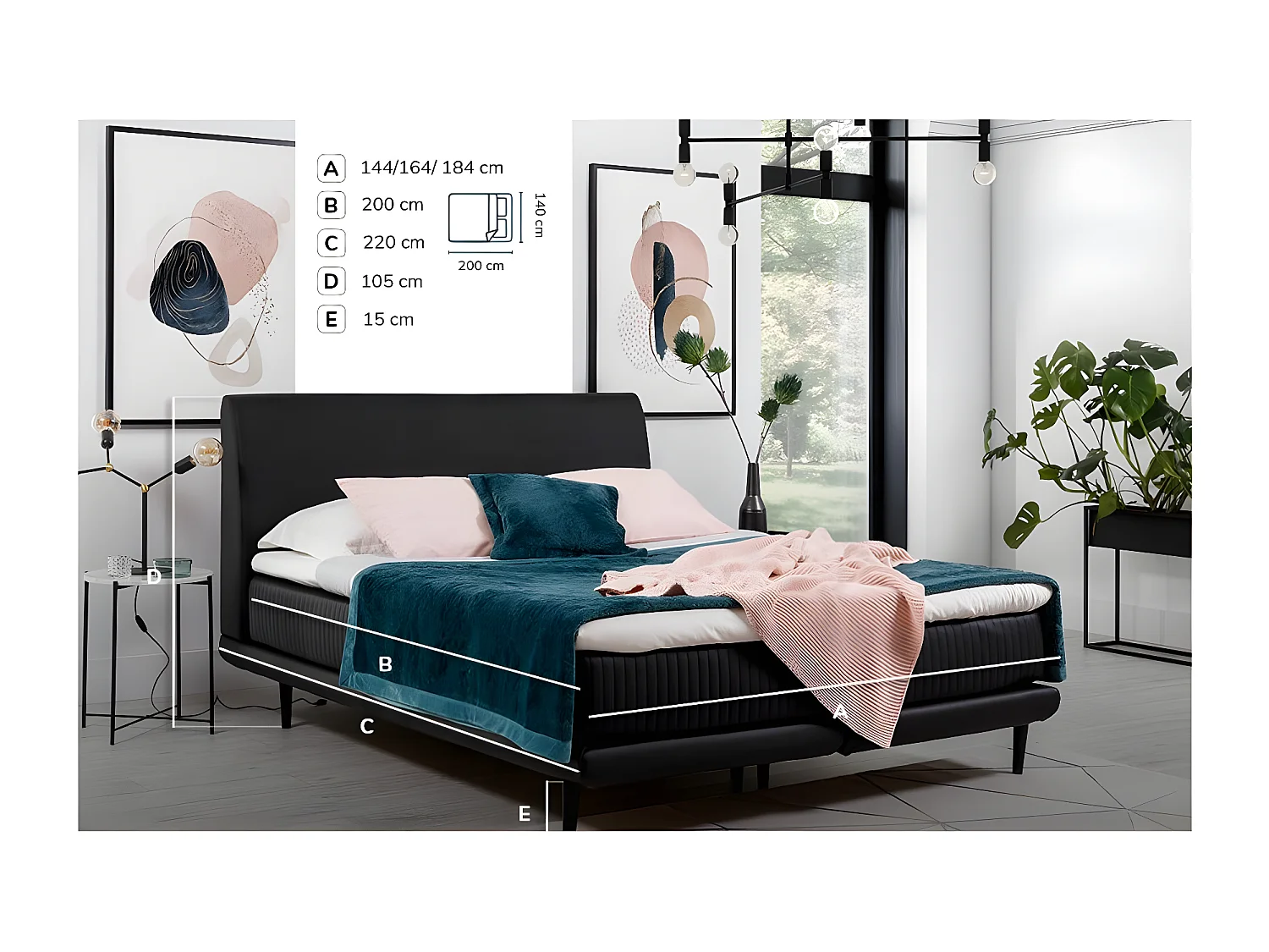 Boxspringbed 140x200 cm zwarte stof, boxspring en matras inclusief Mastera